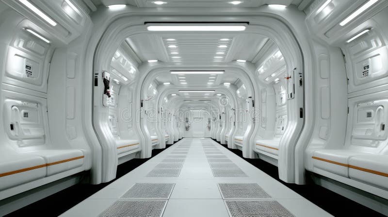 Futuristic Corridor in a Sleek, High-Tech Environment With Bright Lighting and Minimalist Design royalty free stock images