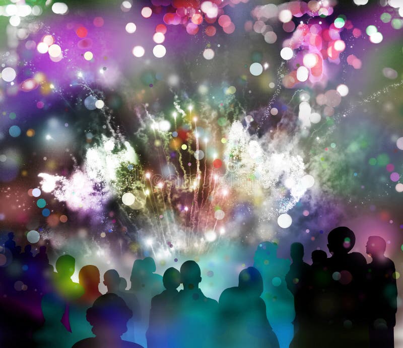 Bright sparkling fireworks, confetti and illustrated spectator s vector illustration