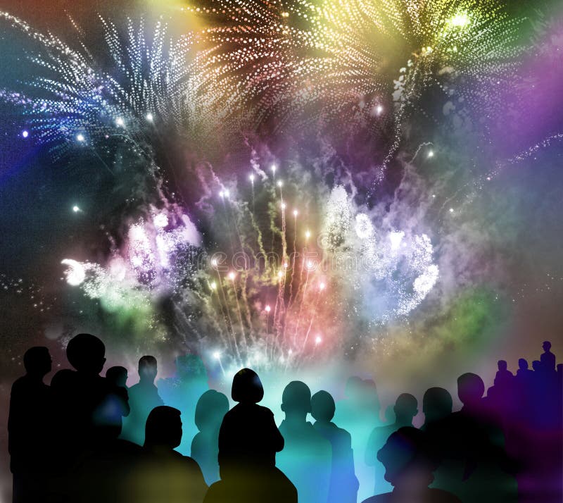 Bright sparkling fireworks and illustrated spectator silhouettes vector illustration