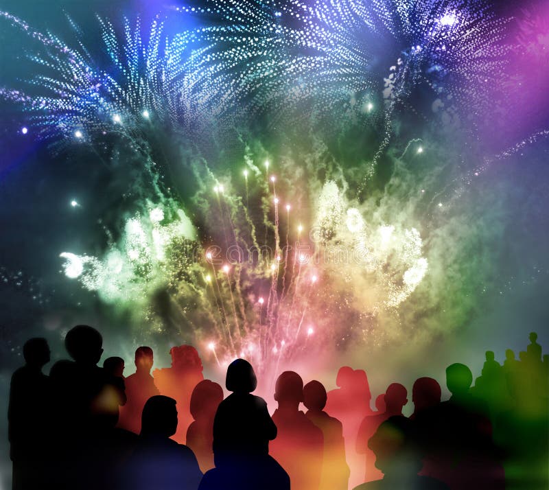 Bright sparkling fireworks and illustrated spectator silhouettes stock illustration
