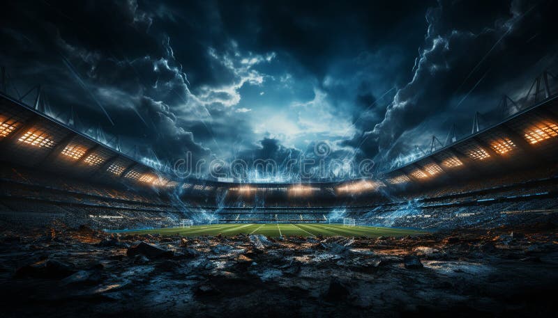 Bright spotlight illuminates soccer ball on dark grass field generated by AI stock photos