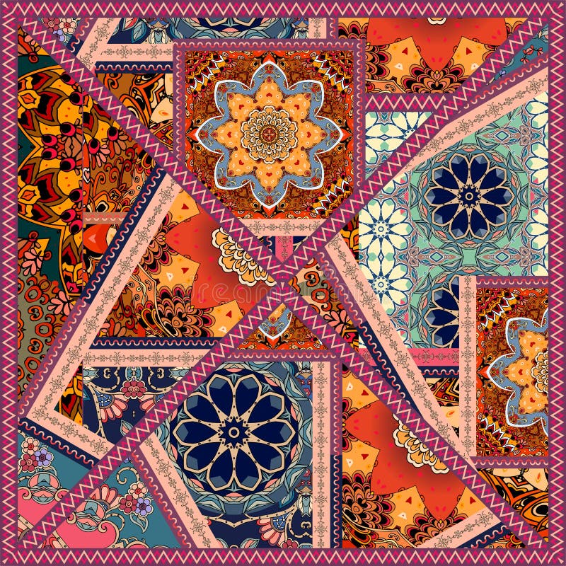 Bright Square Patchwork Pattern. Mexican, Indian, Moroccan Motives