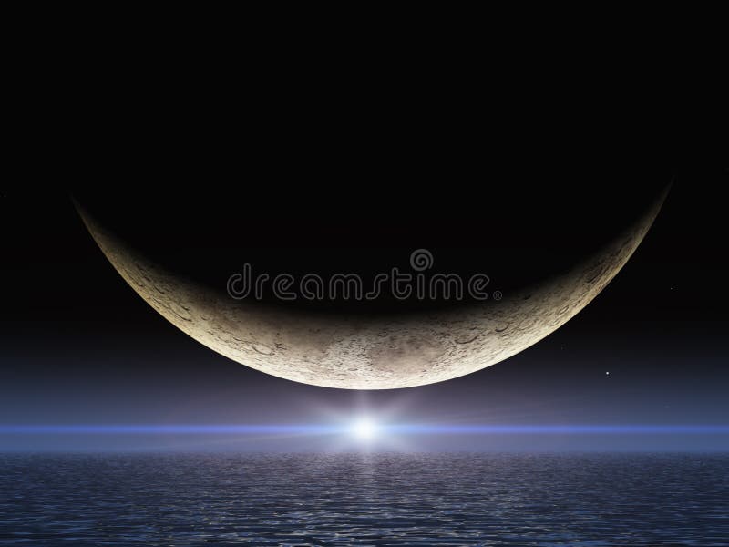 An Illustration of a black sky with Bright Star Flashing just over the sea horizon, under a smiling moon. Backdrop simple landscape illustrations