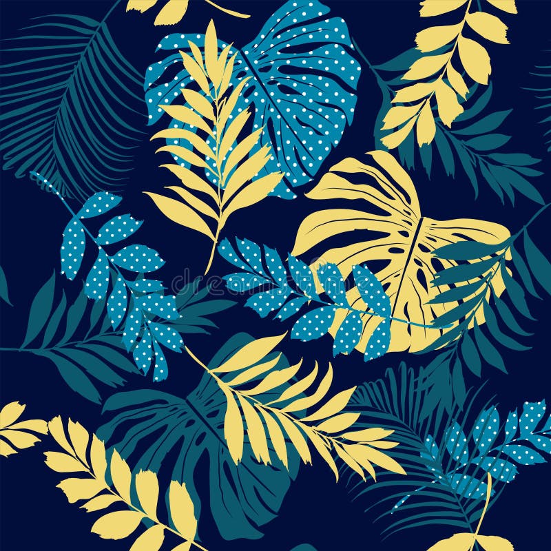 Bright summer vector seamless pattern beautiful artistic silhouette tropical leaves in polka dot pattern with exotic forest. Co stock illustration