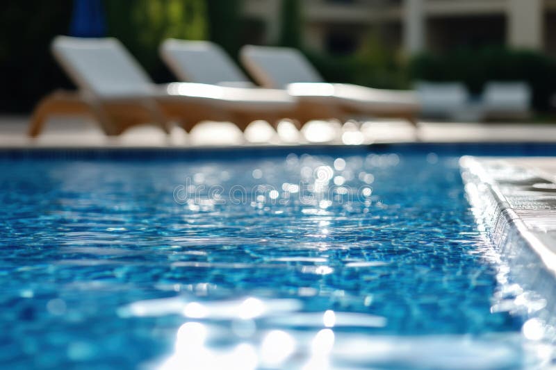 Relaxing by the pool with lounge chairs and sunlight reflecting on the water stock photo