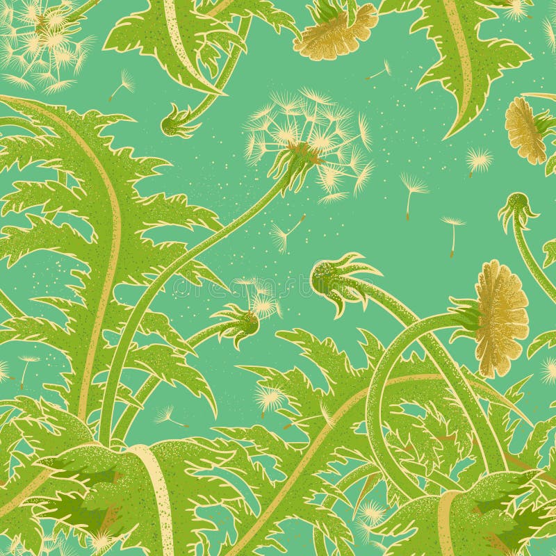 Bright sunny vector seamless pattern of a field of dandelion growing on the background of turquoise sky. Blowball fly in the wind.