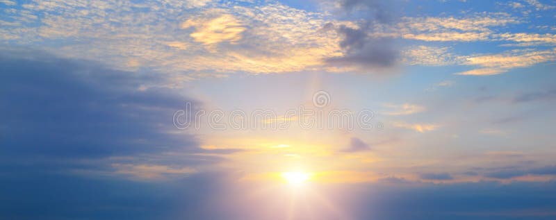 Bright Sunrise on the Blue Sky. Wide Photo Stock Image - Image of