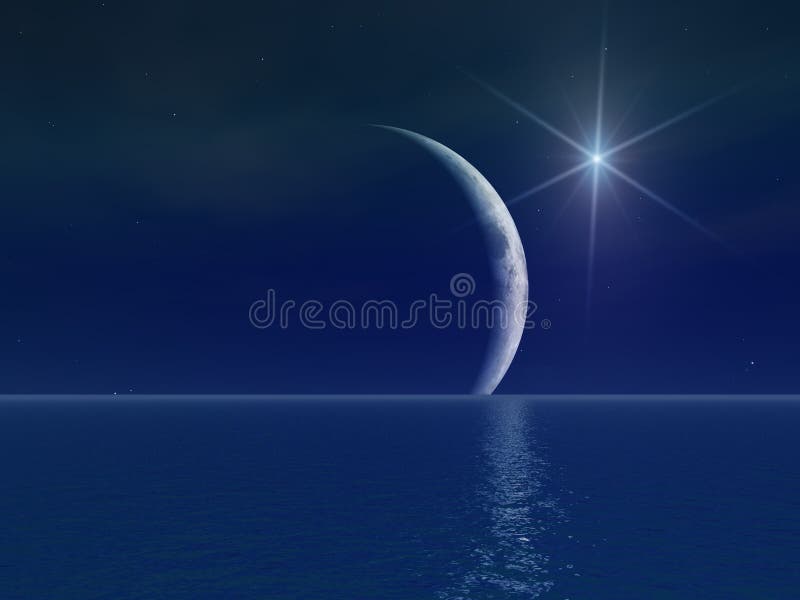 A bright fictional star in the horizon over the sea. Backdrop simple landscape illustrations