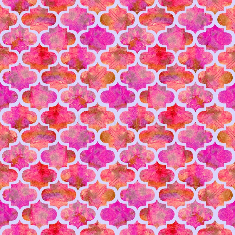 Bright tiles curly eastern geometrical shape abstract grunge colorful splashes texture, watercolor seamless pattern design in pink stock images