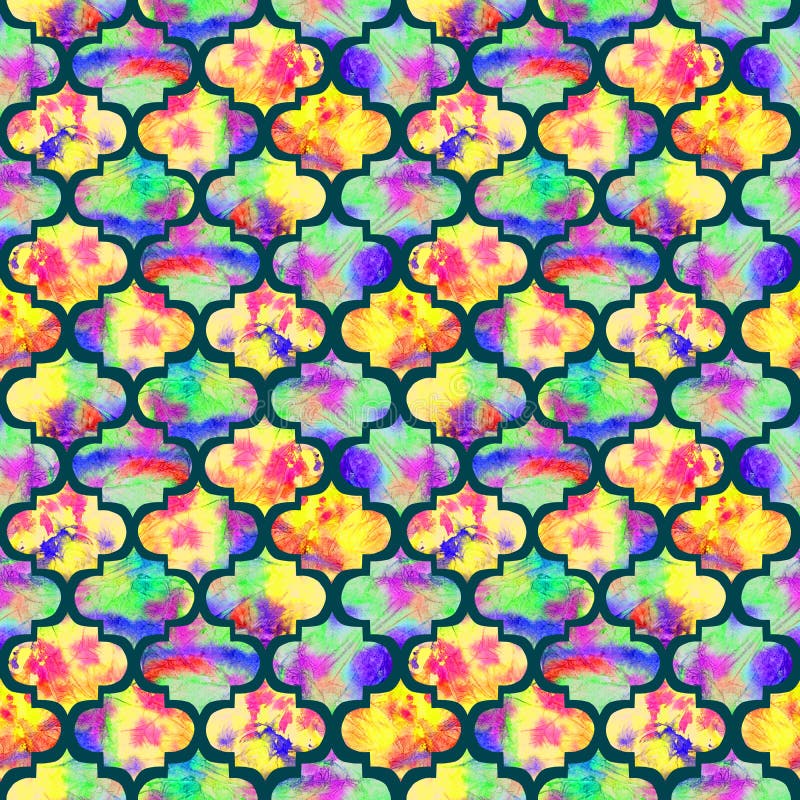 Bright tiles curly eastern geometrical shape abstract grunge colorful splashes texture, watercolor seamless pattern in yellow stock photography