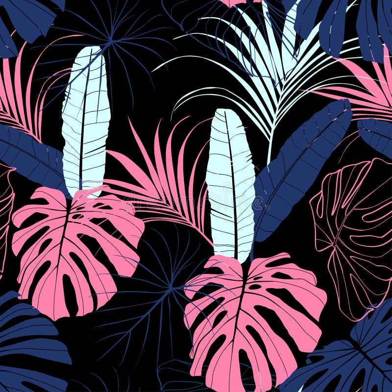 Bright Tropical Leaves Pattern Design. Cool Floral Wallpaper. Pink Blue  Colors on Black Background Stock Illustration - Illustration of floral,  flora: 179128363