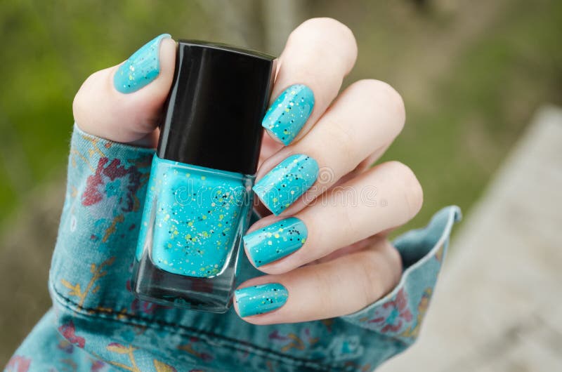 Bright Turquoise Nail Art Manicure. Holiday Style Nails with Neon Glitter  Stock Image - Image of bottle, nail: 227277393