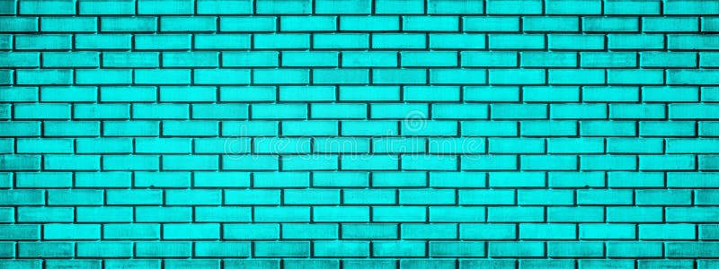 Bright turquoise shabby brick wall. Wide teal texture