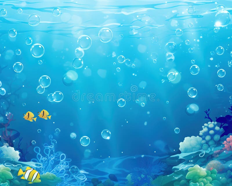 Bright underwater background with coral algae and bubbles. vector illustration