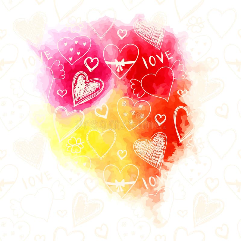 Bright watercolor splash with cute heart and flowers pattern.