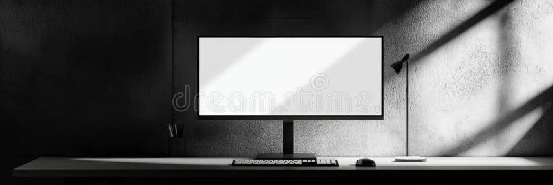 Sleek desktop monitor on a minimalistic workspace with soft shadows and a clean professional style stock photo