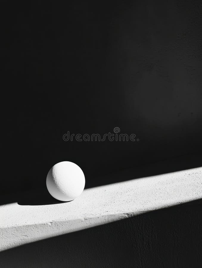 Bright White Sphere Positioned on Edge of Surface Creating High-Contrast Minimalist Composition in Deep Shadow royalty free stock image