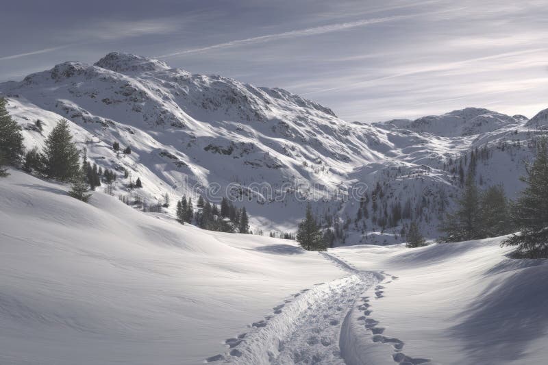 Bright Winter Sunlight on Snowy Mountain Valley Ligcape royaltyfri illustrationer