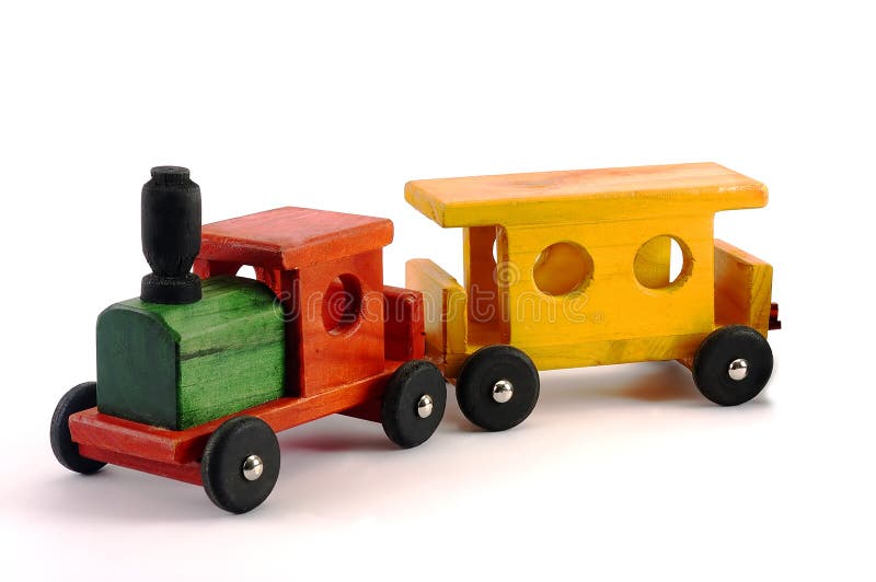 A bright wooden toy train isolated