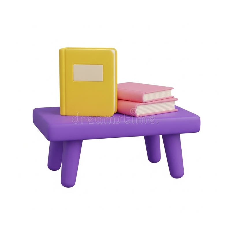 Yellow and Pink Books Stacked on a Purple Stool with Four Legs image photo vector illustration