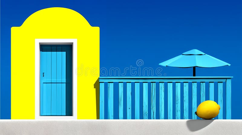 Bright Yellow Building with Blue Balcony and Lemon under stock illustration