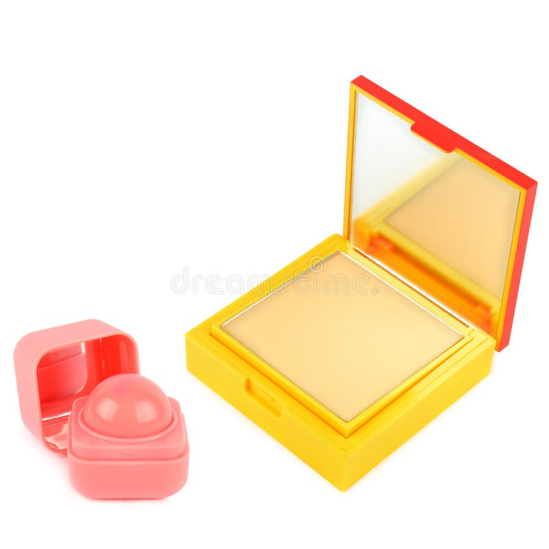 Bright Yellow Compact Powder and Pink Lip Balm on White Background stock image