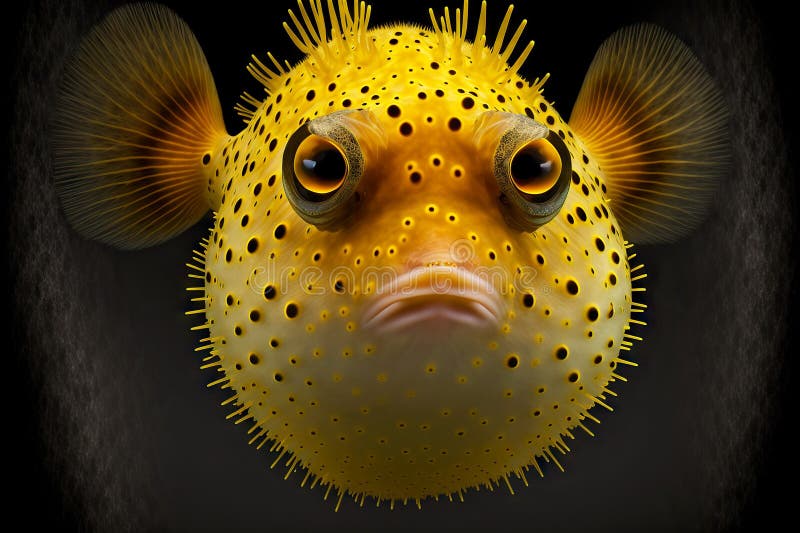 Bright Yellow Dangerous Puffer Fish with Sharp Spikes on Back Stock