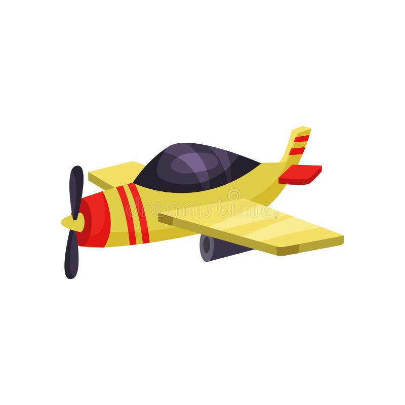 Bright yellow plane with propeller. Cartoon air vehicle. Flat vector element for sticker, mobile game or children book