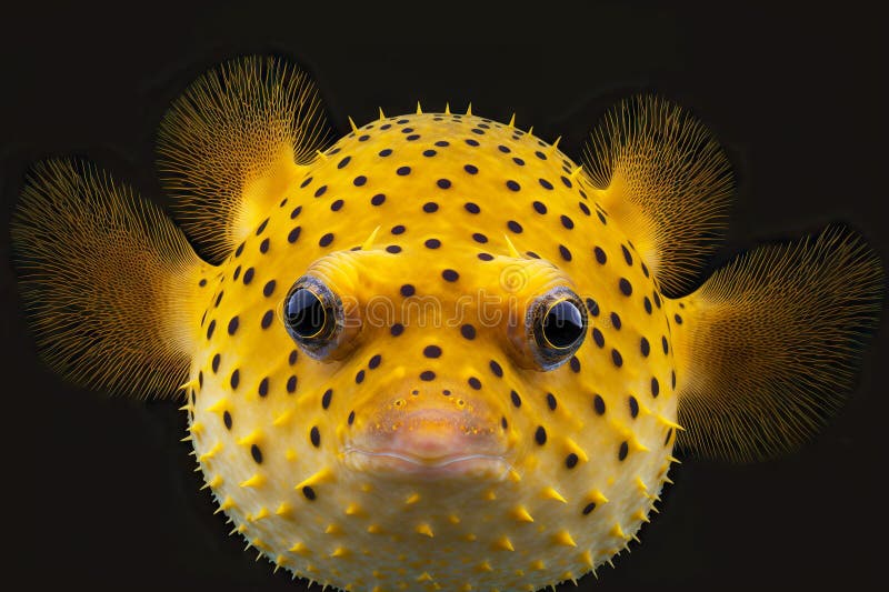 Bright Yellow Puffereyed Puffer Fish on Dark Brown Background Stock