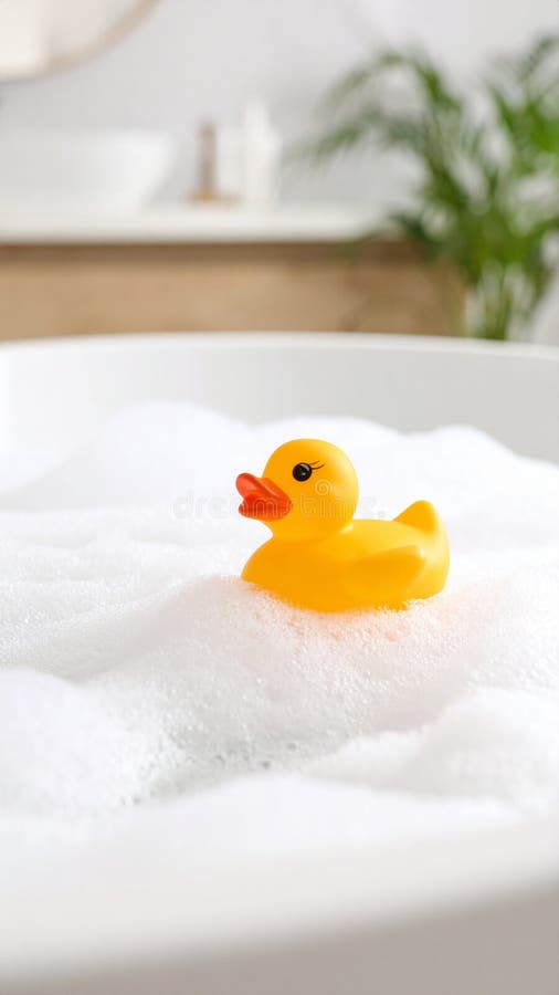 Bright yellow rubber duck floating on white bubbles in a clean bathtub ready for bath time stock image