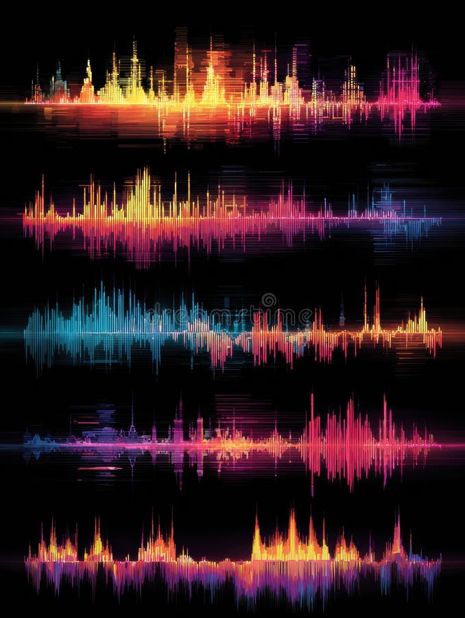 Comparison of Vibrant Audio Waveforms Illustrating Diverse Latin Music Genres Through Colorful Visual Representation