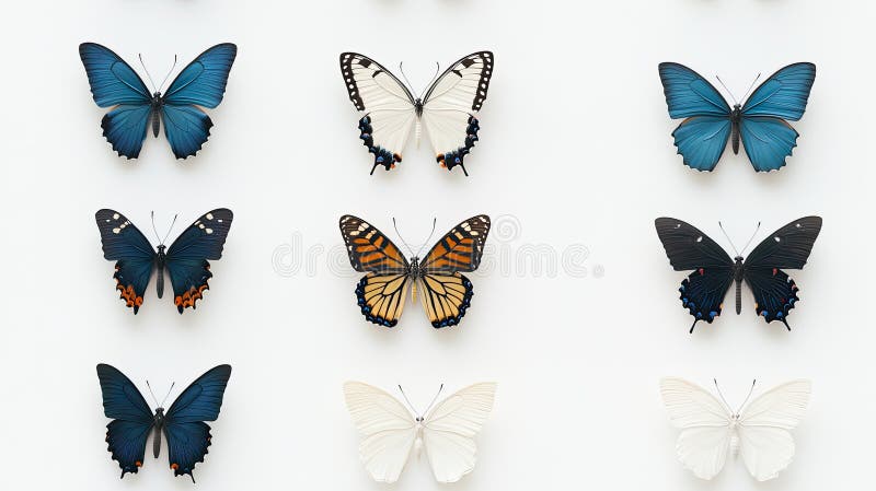 Brightly colored butterflies arranged on a white background create a stunning abstract nature composition with ample vector illustration
