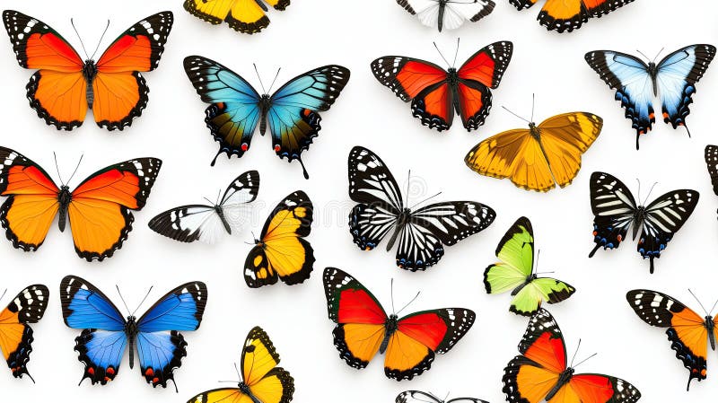 Brightly colored butterflies arranged on a white background create a stunning abstract nature composition with ample vector illustration