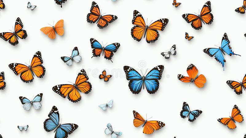 Brightly colored butterflies arranged on a white background create a stunning abstract nature composition with ample stock illustration