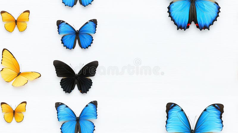Brightly colored butterflies arranged on a white background create a stunning abstract nature composition with ample vector illustration