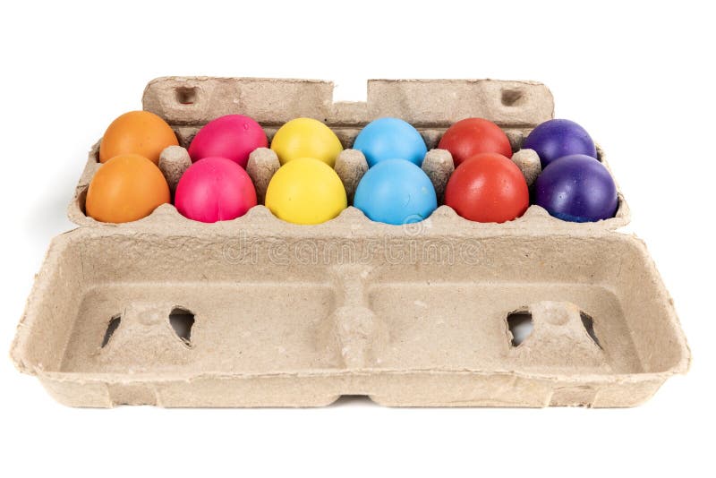 Brightly Colored Confetti Eggs in a Brown Egg Carton, Side View Stock