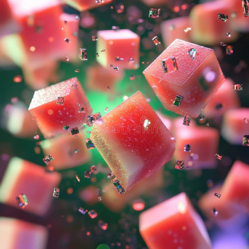 Colorful abstract cubes floating in a vibrant three-dimensional space stock illustration