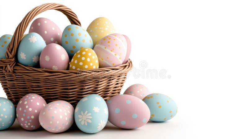 Brightly colored Easter eggs are carefully placed in a woven basket, creating a festive and cheerful display for spring royalty free illustration