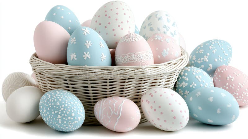 Brightly colored Easter eggs are carefully placed in a woven basket, creating a festive and cheerful display for spring stock illustration