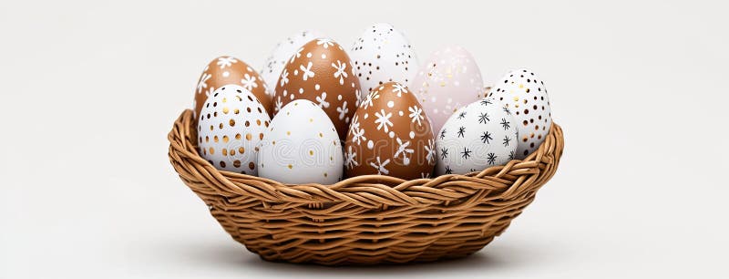 Brightly colored Easter eggs are carefully placed in a woven basket, creating a festive and cheerful display for spring stock illustration