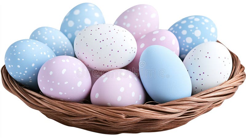 Brightly colored Easter eggs are carefully placed in a woven basket, creating a festive and cheerful display for spring vector illustration