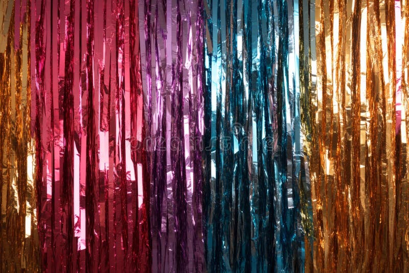 Brightly colored foil curtain shimmering in the light creating a festive and celebratory backdrop imagem de stock