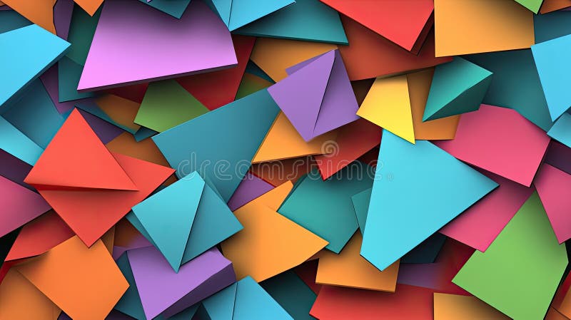 Brightly colored geometric shapes overlap, creating an abstract design filled with vibrant hues and dynamic angles that capture stock illustration