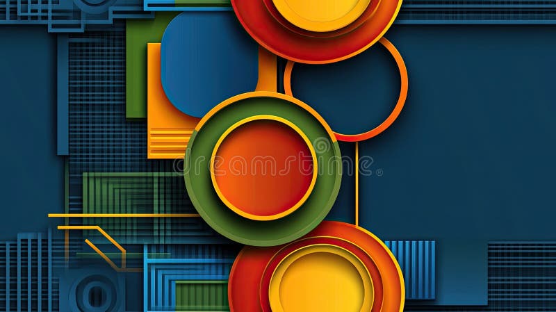 Brightly colored geometric shapes overlap, creating an abstract design filled with vibrant hues and dynamic angles that capture stock illustration