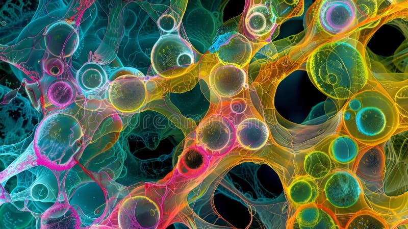 This brightly colored image showcases the complex network of the Golgi apparatus and the bustling transport of vesicles royalty free stock photos