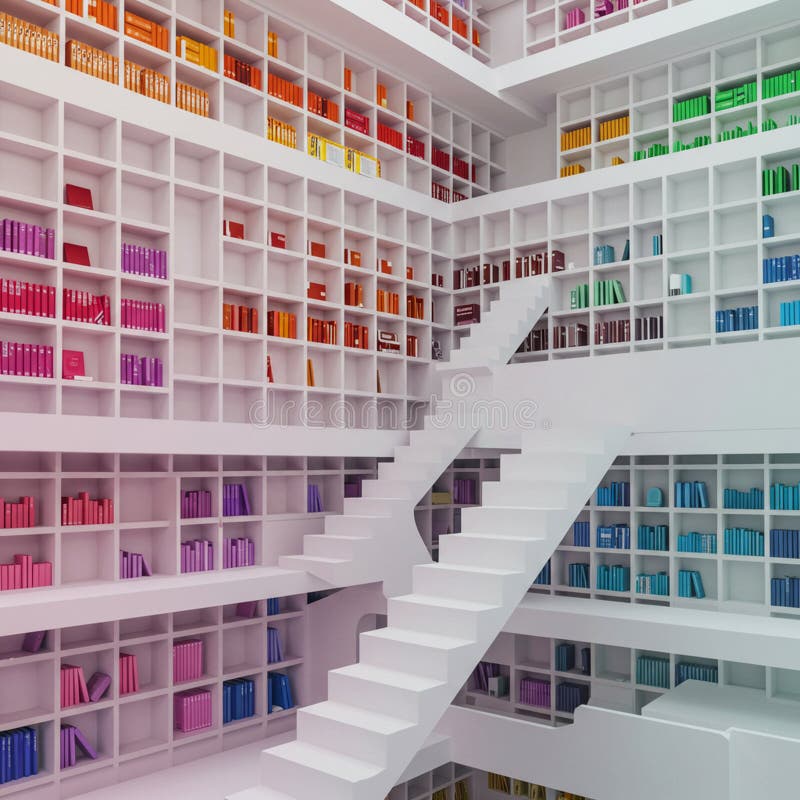A brightly colored, modern library interior features multi-level white shelving filled with royalty free illustration