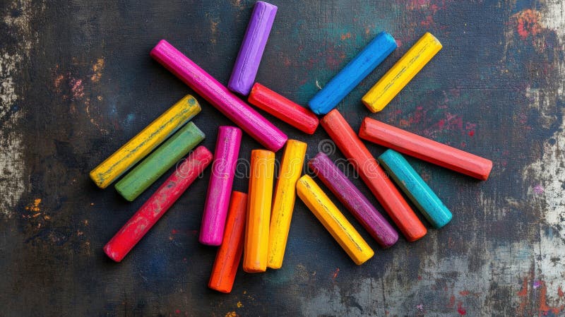Brightly colored small crayons arranged in a playful composition stock illustration