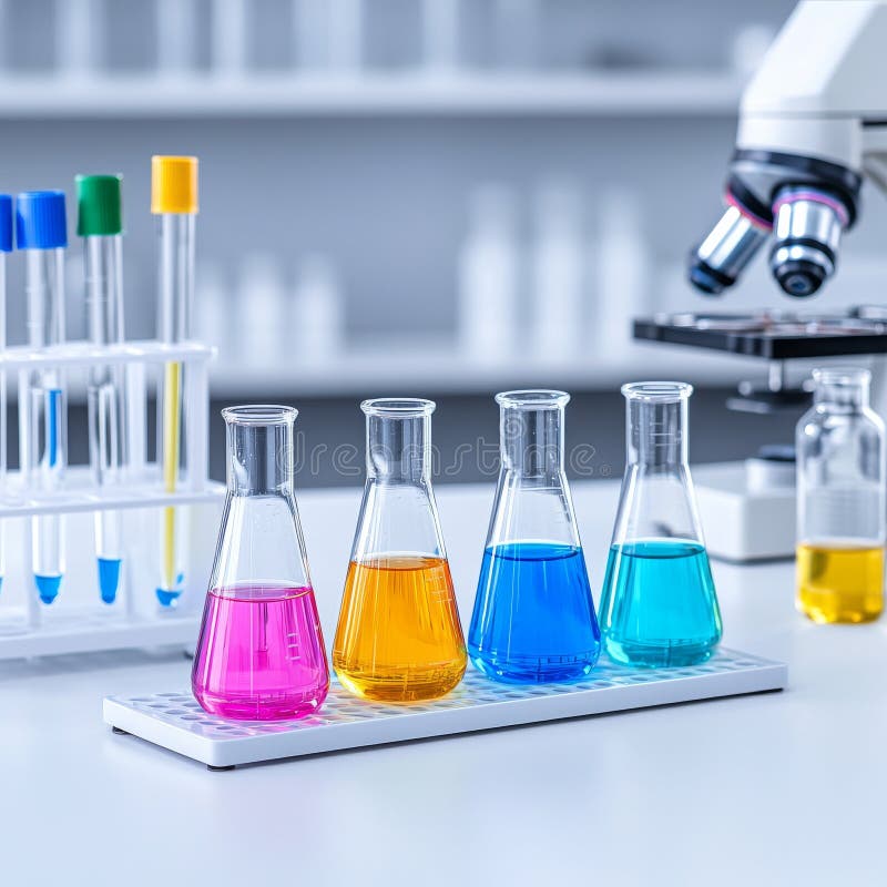 Brightly colored solutions in laboratory glassware. stock illustration