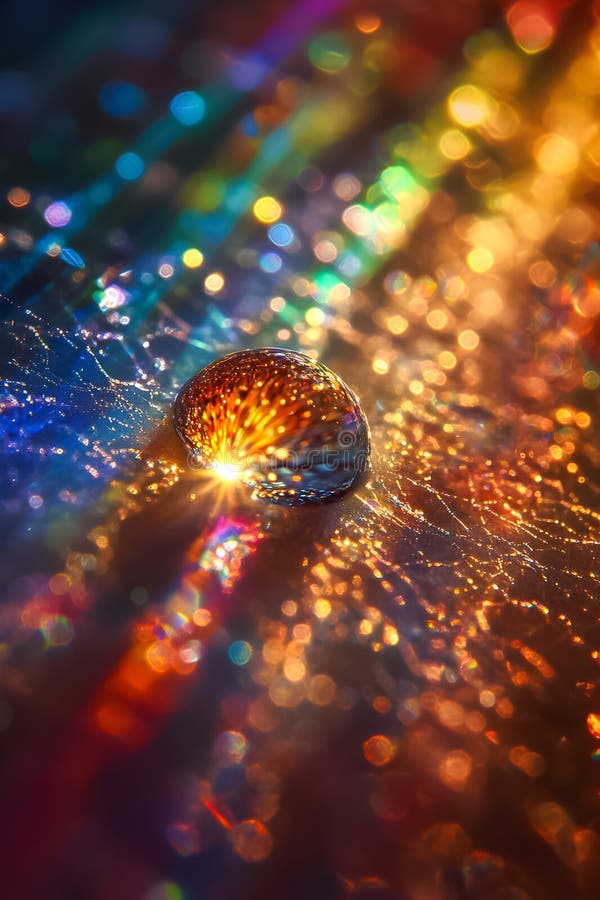 Brightly colored water droplet reflecting light on a shiny surface with colorful bokeh effect stock illustration