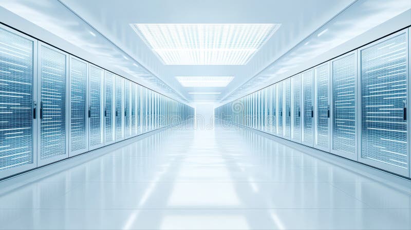 A brightly illuminated server room showcases rows of data storage units, reflecting off the polished floor, creating a stock images